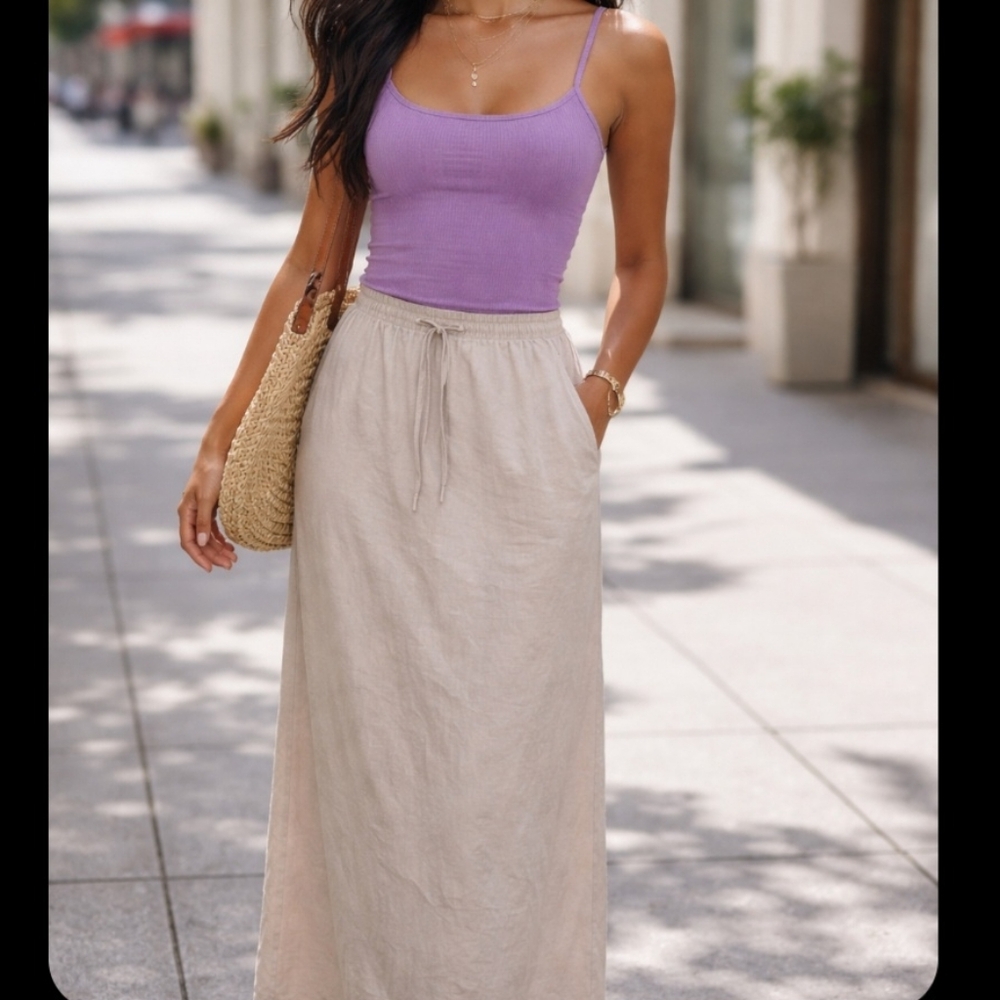 Zara Beige Nude Cotton Drawstring Midi Skirt Size Small